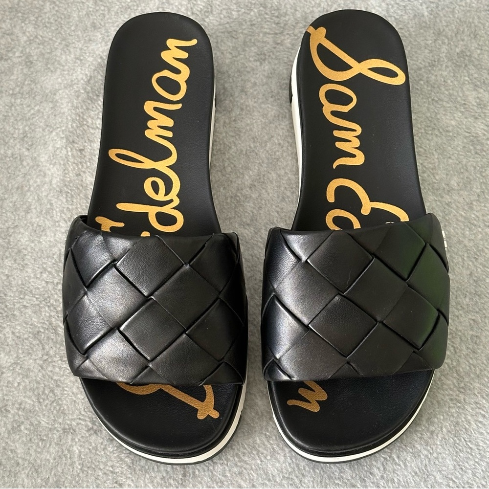 Sam Edelman Woven Black Leather “Adaley” Platform Slide Sandals